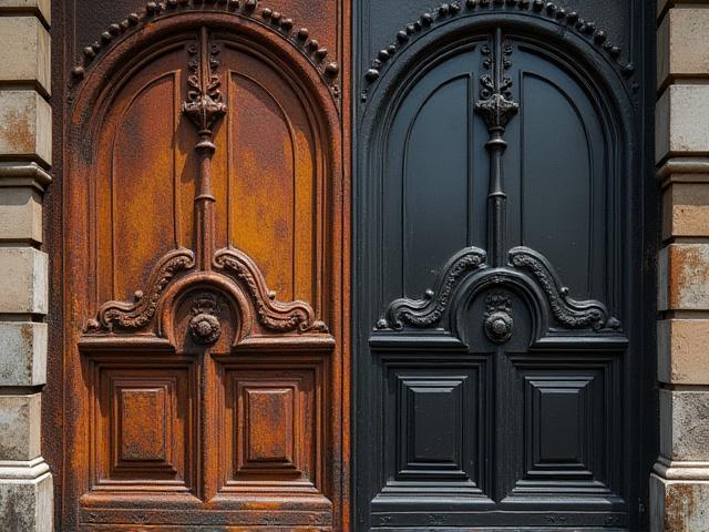 錆びた鉄製のアンティークゲートと修復されたゲートの前後比較