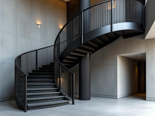 モダンな建築物におけるらせん状の金属製階段の手すり