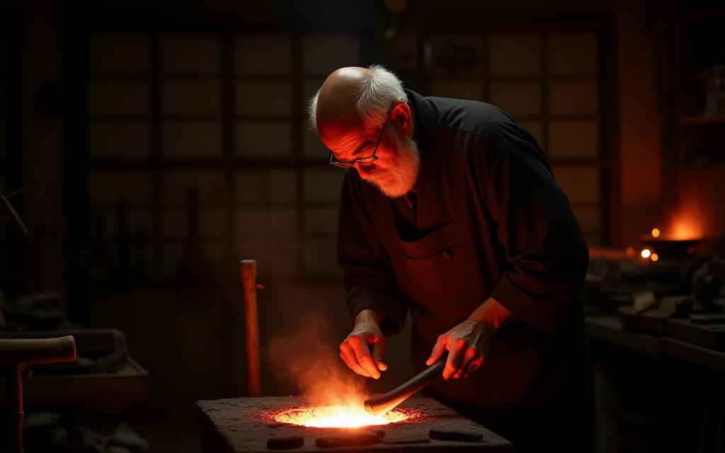 Kajiya Furnishingsの創業者、伝統的な日本の鍛冶場で作業する姿。