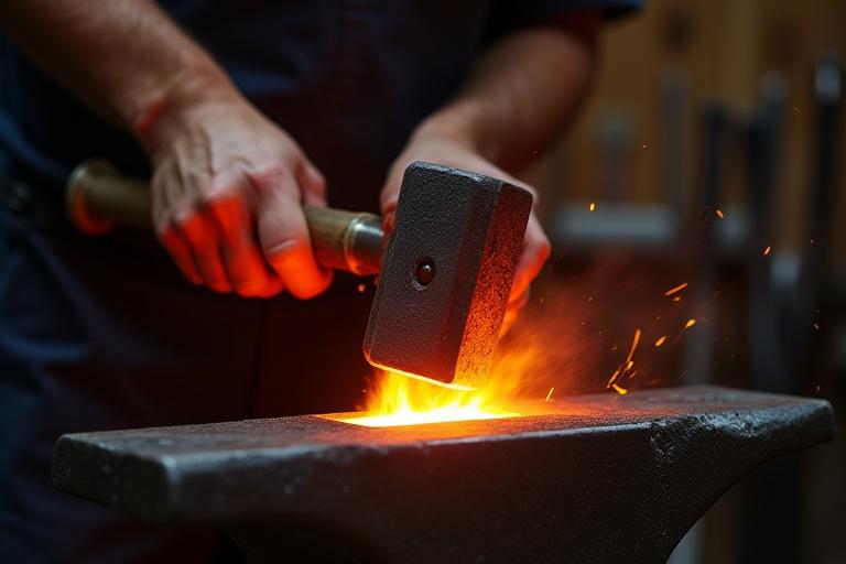 西麻布の工房での鍛造風景。熱い鉄を鎚で叩く職人の手元。
