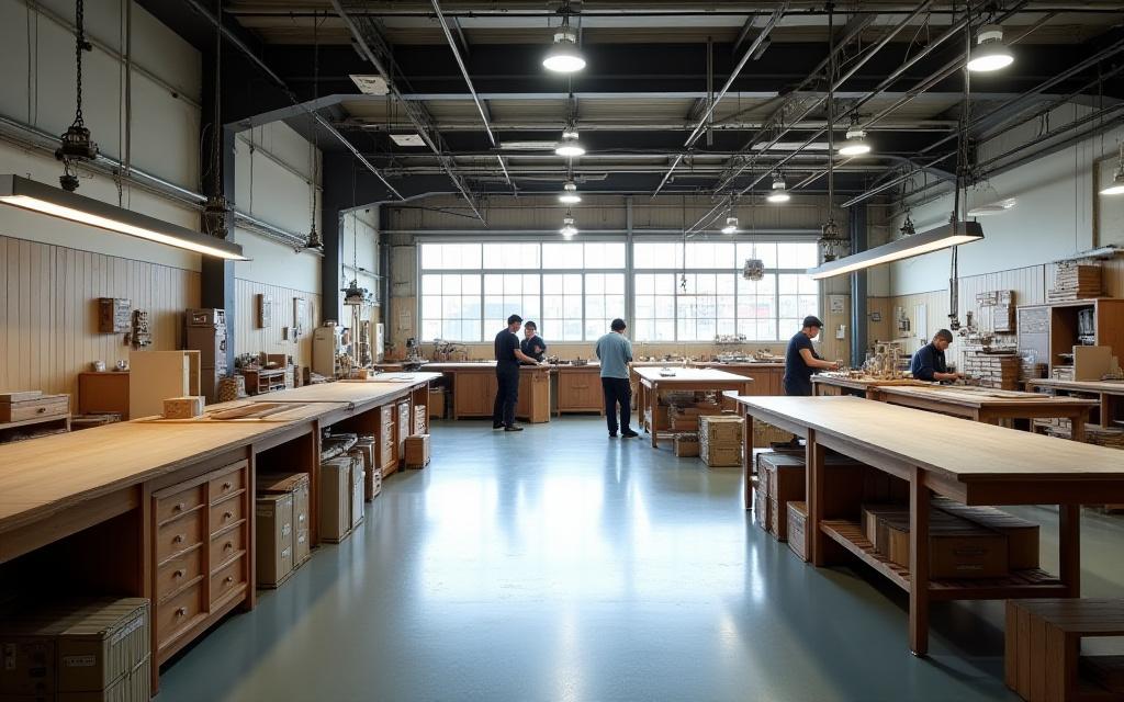 西麻布にあるKajiya Furnishings工房の全体像。清潔で整理された空間で職人が作業している。