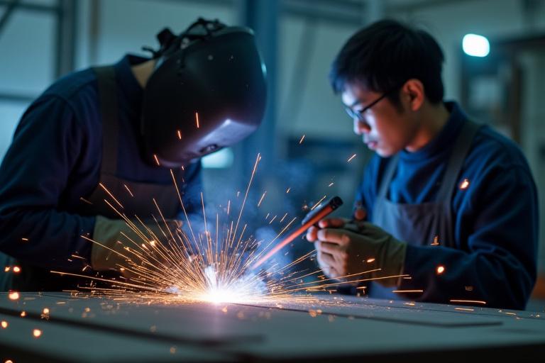 西麻布の工房での溶接作業。火花が飛び散る中で精密な作業が行われている。
